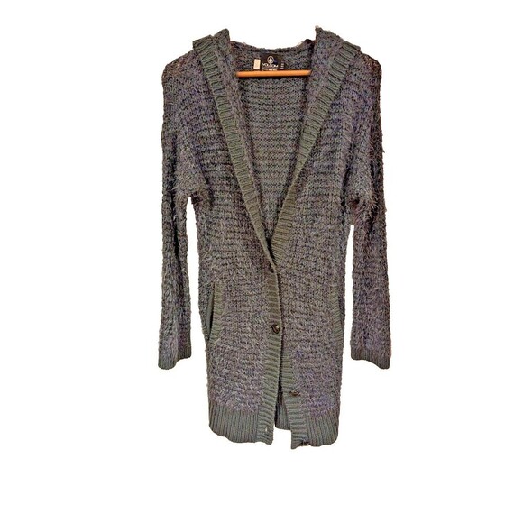 Volcom Grey Hooded Long Line Cardigan SZ 8/10 Fuzzy Comfy‎ Fall Winter Relaxed - Picture 1 of 6